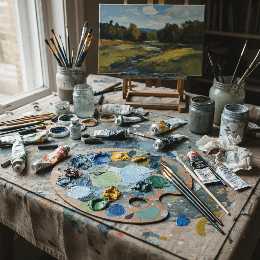 Pinturas y materiales de arte sobre mesa de trabajo
