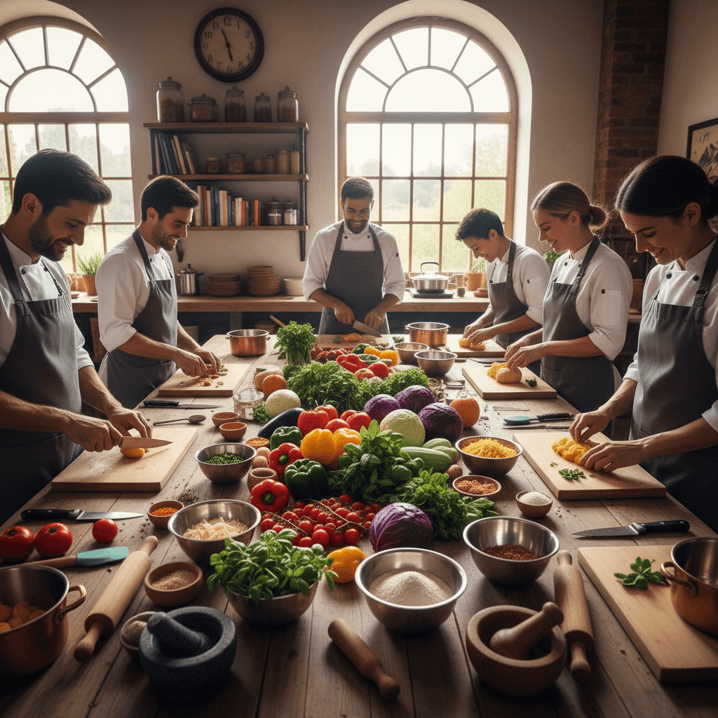 Taller de cocina con ingredientes frescos y utensilios