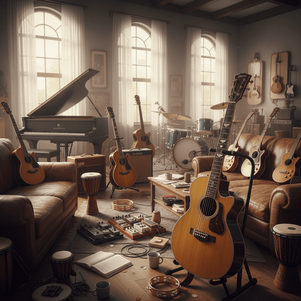 Guitarras y instrumentos musicales en estudio
