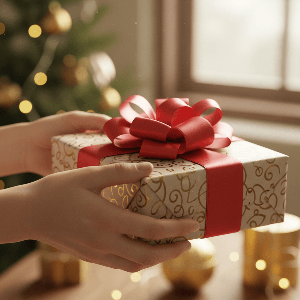 Manos entregando un regalo envuelto con lazo, gesto de generosidad y celebración